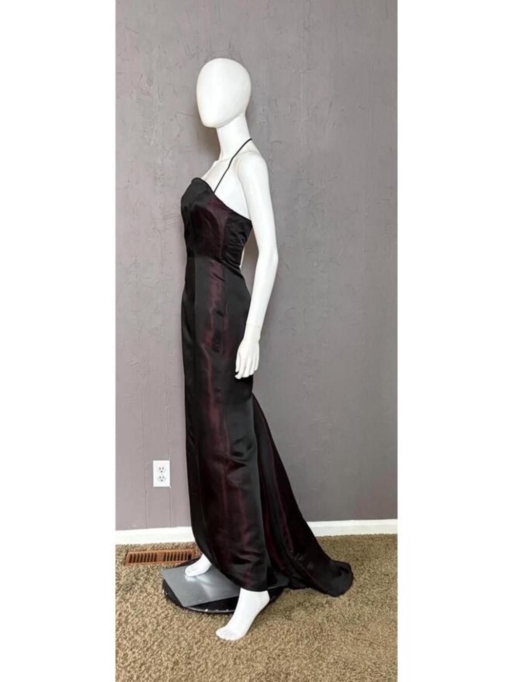 1990's Iridescent Black + Red Satin Gown by GEORGIOU Goth Goddess Sheath +Train - Picture 3 of 13
